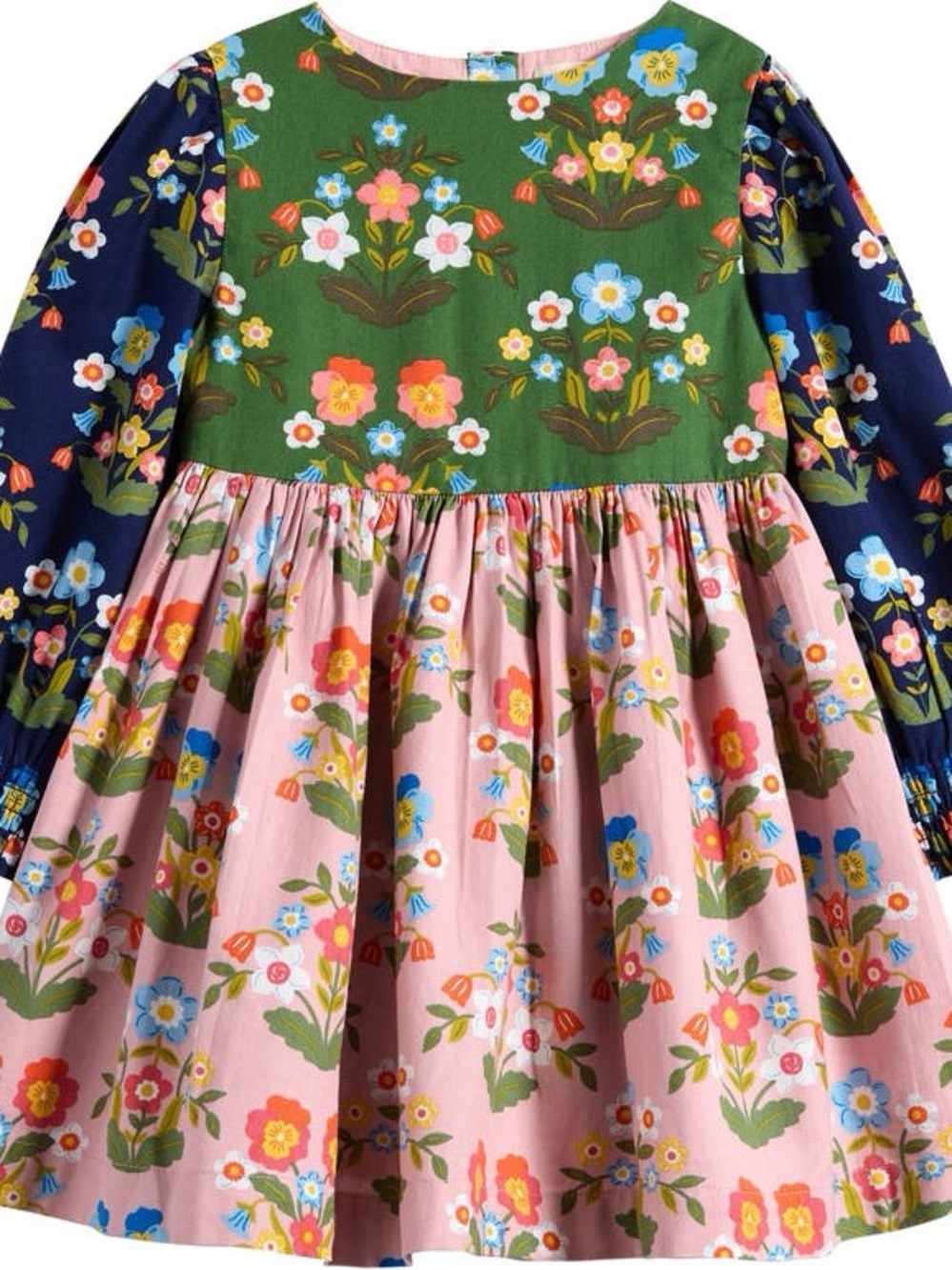 Girls min Boden Patchwork Long-Sleeve Cotton Dress - Pink, Green, Navy 6/7